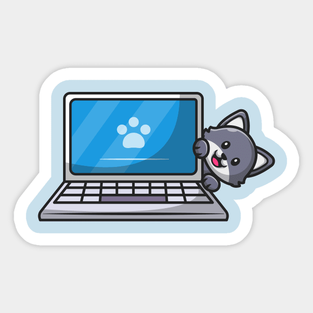 Cute Cat Hiding Behind The Laptop Cartoon Sticker by Catalyst Labs